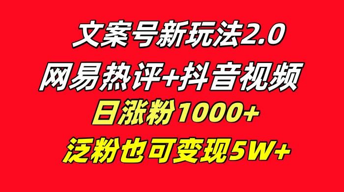 文案号新玩法，网易热评+抖音文案 一周轻松涨粉 5W+ 多种变现模式-轻创副业圈
