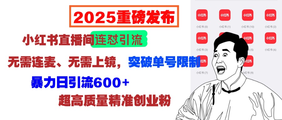 2025重磅发布：小红书直播间连怼引流，无需连麦、无需上镜，突破单号限制，暴力日引流600+超高质量精准创业粉-轻创副业圈