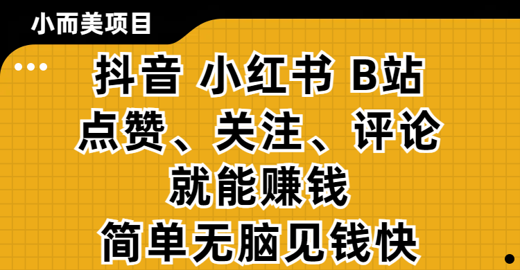 小而美的项目，抖音、小红书、B站视频点赞、关注、评论就能赚钱，简单无脑立见收益!妥妥的零撸项目-轻创副业圈