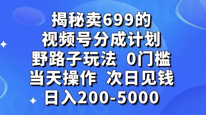 揭秘卖 699 的视频号分成计划野路子玩法，日入 200-5000，0 门槛，当天操作，次日见钱-轻创副业圈
