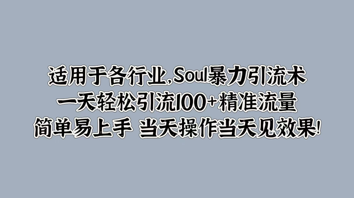 适用于各行业，Soul暴力引流术，一天轻松引流100+精准流量，简单易上手 当天操作当天见效果!-轻创副业圈