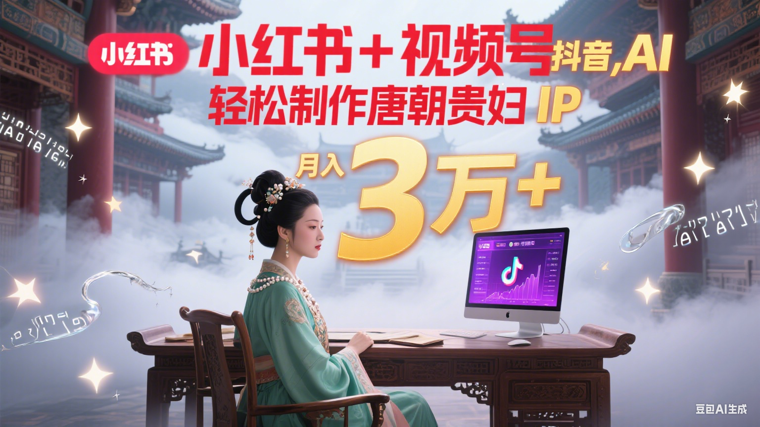 小红书+视频号+抖音，AI轻松制作唐朝贵妇IP，毒鸡汤、励志、减肥瘦身、养生赛道轻松切入，每天30分钟，轻松产出N条，月入3万+-轻创副业圈