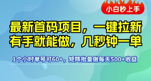 最新首码项目，一键拉新有手就能做，几秒钟一单，1个小时单号可60+，矩阵批量做每天5张【揭秘】-轻创副业圈