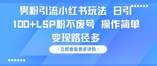 男粉引流小红书玩法，日引100+LSP粉不废号，操作简单，变现路径多-轻创副业圈