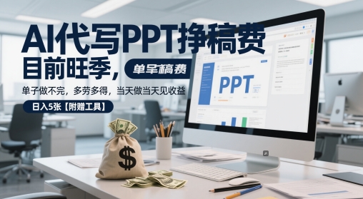 AI代写PPT挣稿费，目前旺季，单子做不完，多劳多得，当天做当天见收益，日入5张【附赠工具】-轻创副业圈