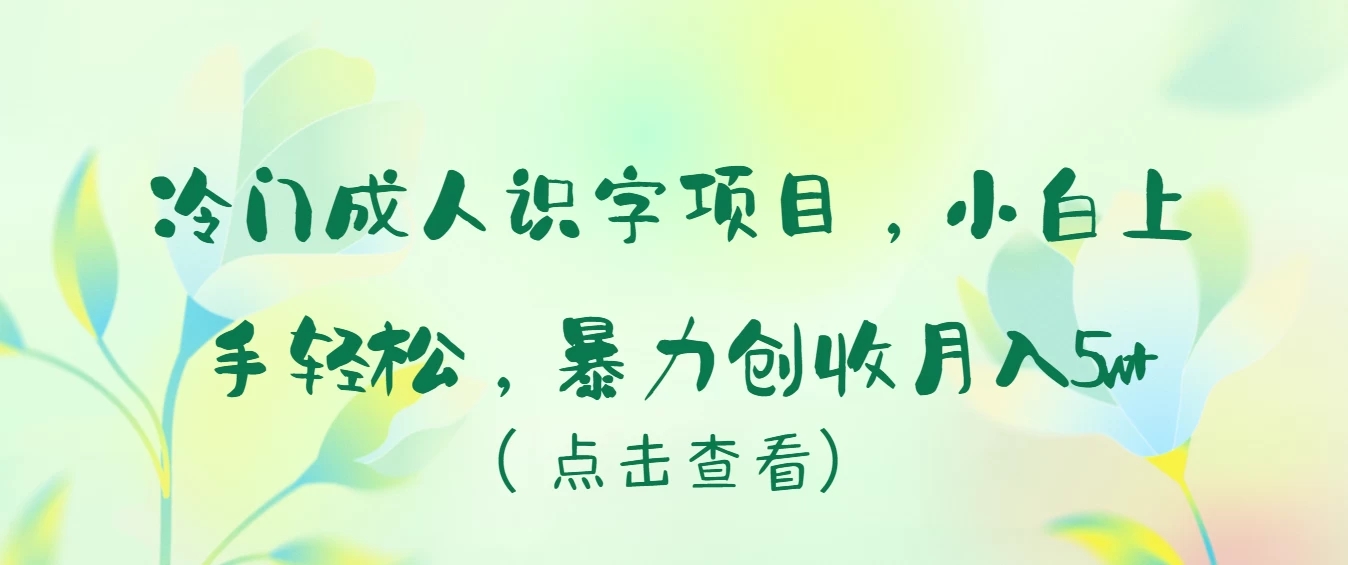 冷门成人识字项目，小白也能轻松学习，暴力创收月入5w！-轻创副业圈