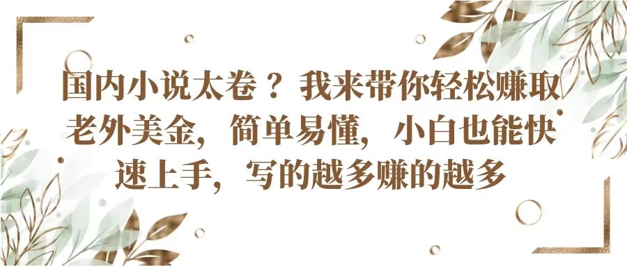 国内小说太卷 ？我来带你轻松赚取老外美金简单易懂，小白也能快速上手，写的越多赚的越多-轻创副业圈