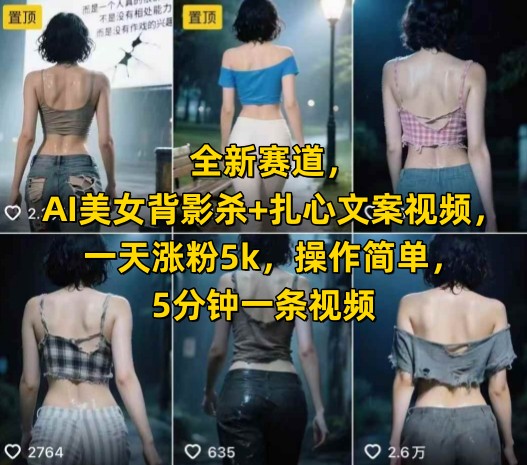 全新赛道，AI美女背影杀+扎心文案视频，一天涨粉5k，操作简单，5分钟一条视频-轻创副业圈