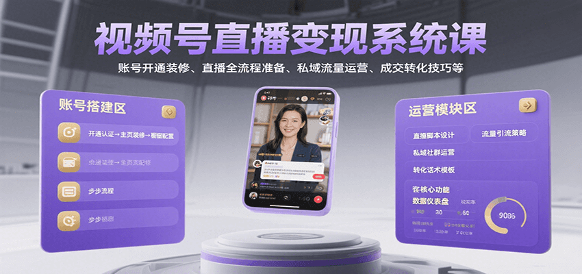 视频号直播变现系统课，账号开通装修、直播全流程准备、私域流量运营、成交转化技巧等-轻创副业圈