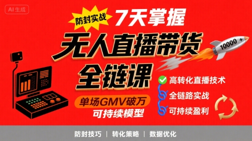 无人直播带货全链防封实战课，7天掌握高转化直播技术，实现单场GMV破万可持续模型-轻创副业圈